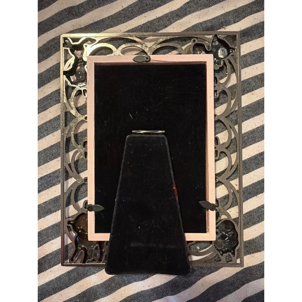 Vintage Nursery Animals Baby Photo Frame Pink Enamel Silver Pewter Tone 4x6